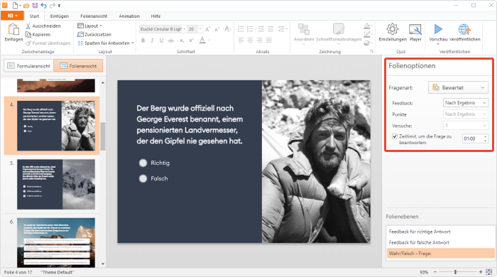 Folienoptionen in der iSpring QuizMaker