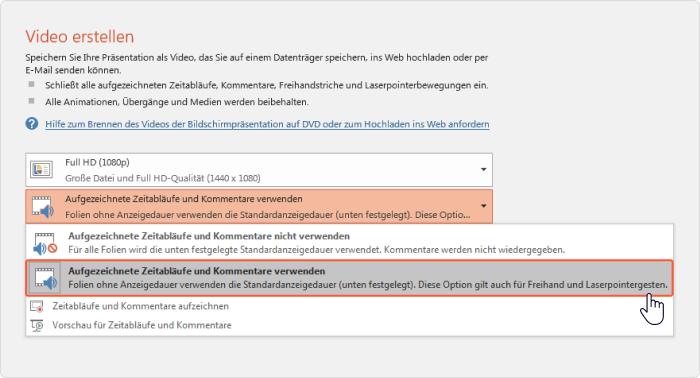 Zeitabläufe und Kommentare in PowerPoint