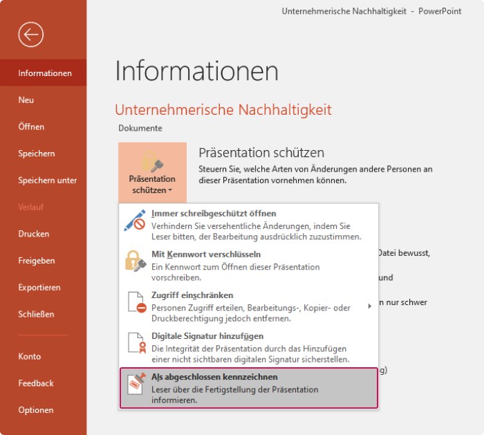 Eine Präsentation in PowerPoint schreibgeschützt machen