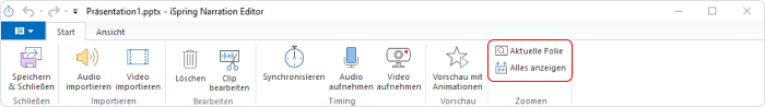 Aktuelle Folie" und "Alles anzeigen" Schaltflächen
