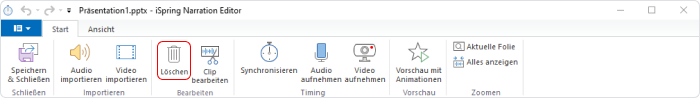 Die Löschen Schaltfläche in der Symbolleiste des Editors