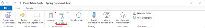 Die Schaltfläche zum Clip bearbeiten in der Symbolleiste des Editors