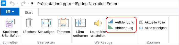 Die Schaltflächen zum Einblenden und Ausblenden von Tönen