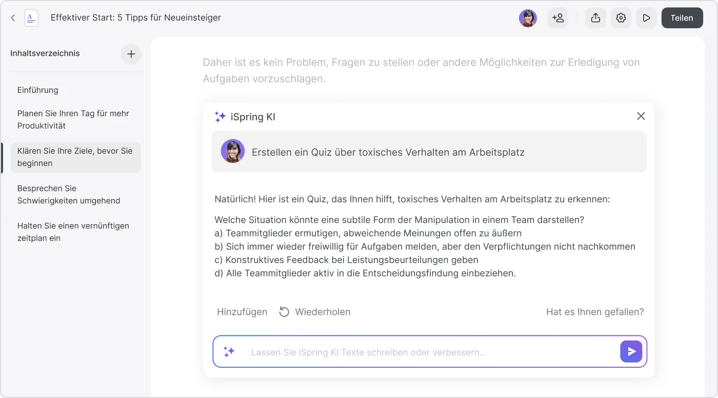 Quiz mit iSpring KI erstellen PowerPoint Präsentationen mit ChatGPT erstellen: Quizgestaltung